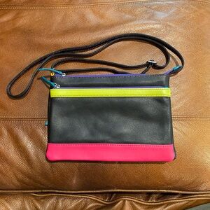 ILI NEW YORK Double Zip Multi Color Crossbody Purse in “Black Brights”